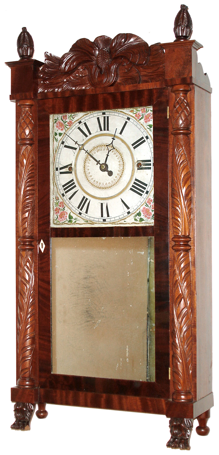 Rodney Brace, North Bridgewater, Mass., 30 hour time and strike Torrington wood movement carved column and splat shelf clock, c1825. — Antique Clocks Price Guide