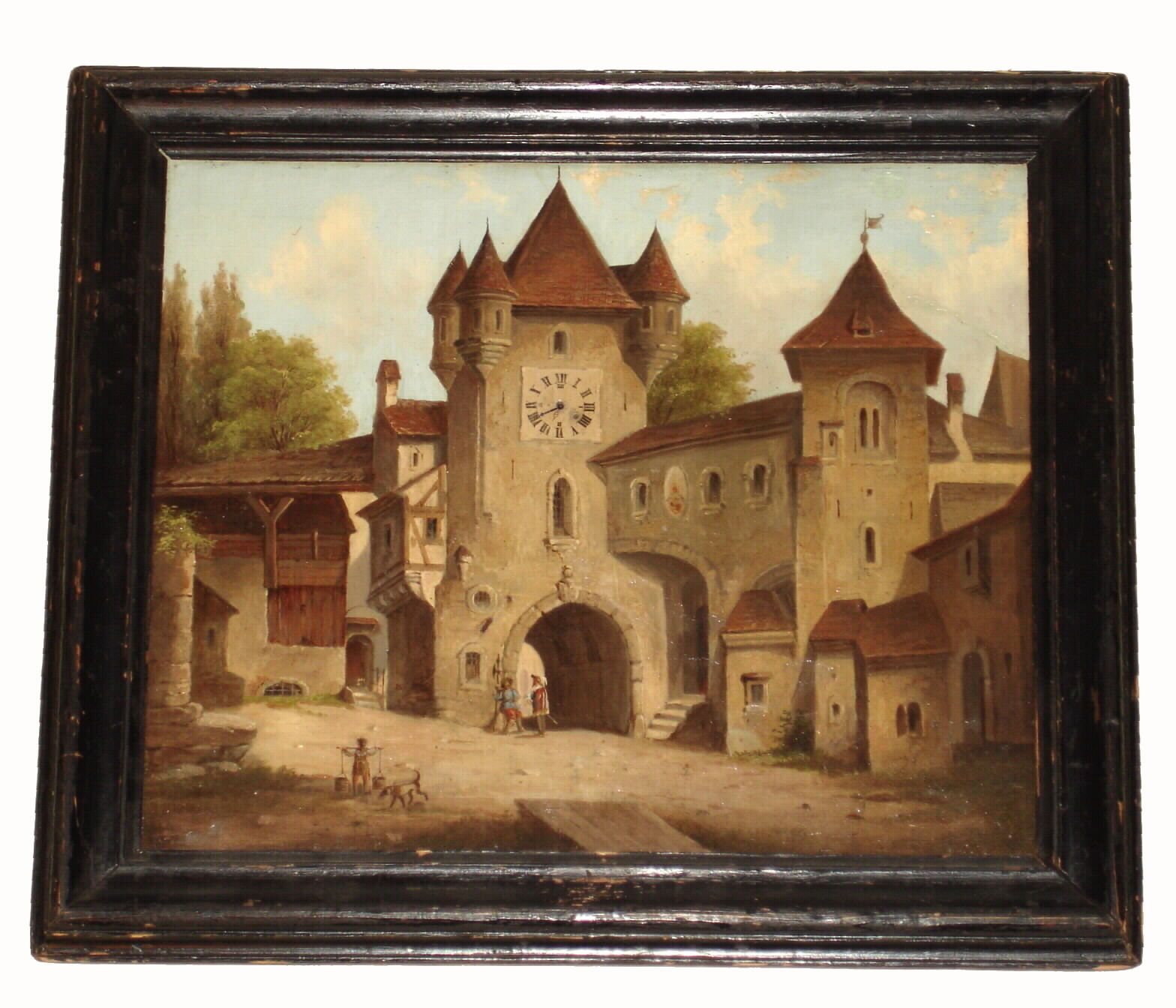 Picture clock with oil on zinc painting of castle scene inset with Jos Pichler, Vienna, Austria pocket watch movement in castle tower clock. The movement is gilt, 30 hour, time only, fusee and spring driven. The painting has a molded and ebonized frame, c1800 — Antique Clocks Price Guide