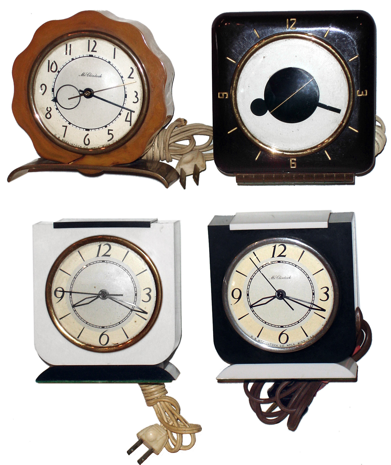 Clocks- 4 (Four) Deco electric desk models by O.B. McClintock, Minneapolis, Bakelite cases, c1935 — Antique Clocks Price Guide