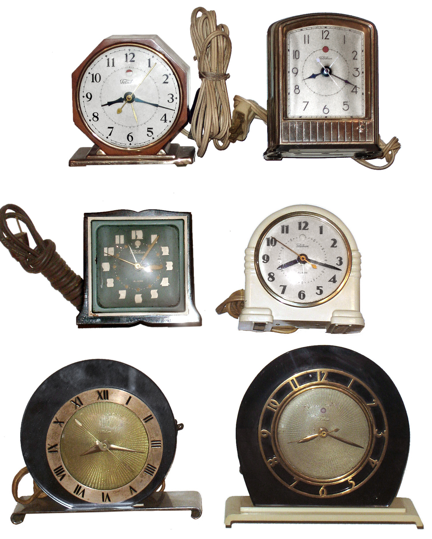 Clocks- 6 (Six) Deco Telechron, Ashland Mass. electric desk models in metal, glass and Bakelite cases, 4 have alarm, c1935 — Antique Clocks Price Guide