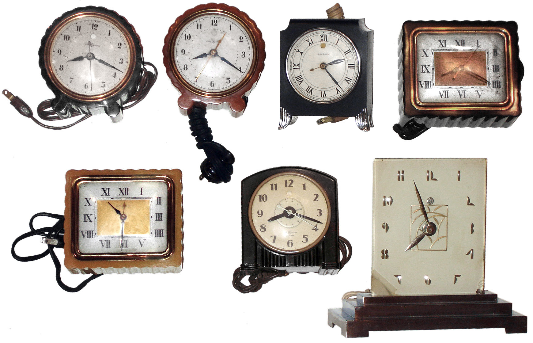 Clocks- 7 (Seven) Deco GE electric desk models in Bakelite, metal and glass cases, c1930 — Antique Clocks Price Guide