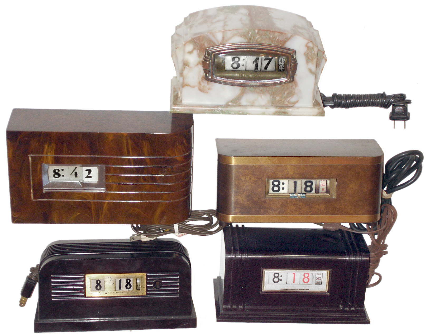 Clocks- 5 (Five) Deco digital Bakelite and metal cases, by Winslow, Telechron, Pennwood, Tymeter, 1920's — Antique Clocks Price Guide