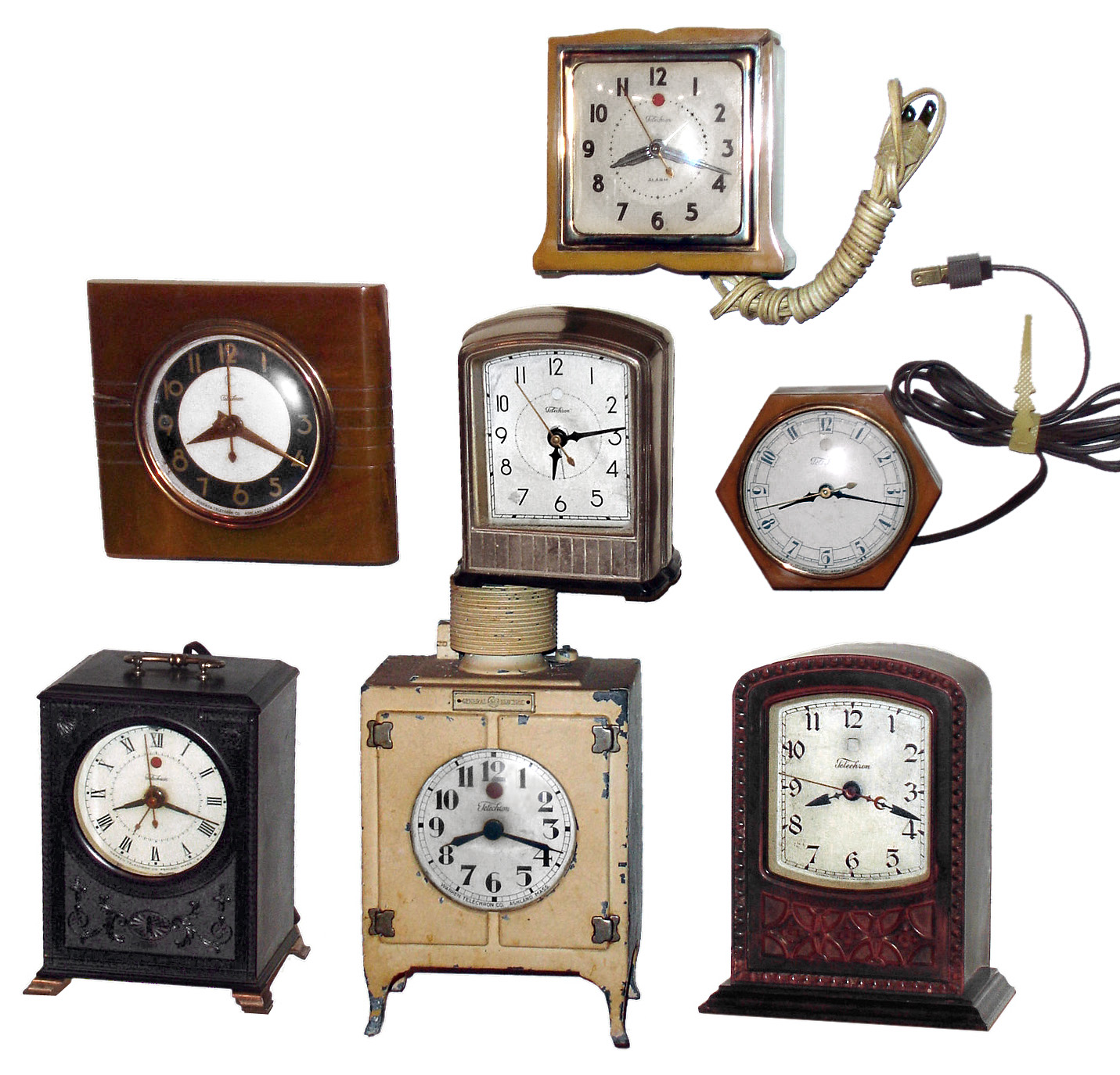 Clocks- 7 (Seven) Deco Telechron, Ashland, Mass. electric Bakelite and metal cased desk models, c1925 — Antique Clocks Price Guide