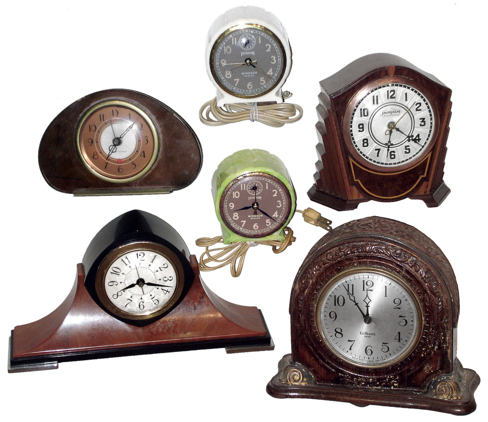 Clocks- 6 (Six) Connecticut electrics in wood, metal and Bakelite cases, by Seth Thomas, Ingraham, Sessions and Gilbert, c1930 — Antique Clocks Price Guide