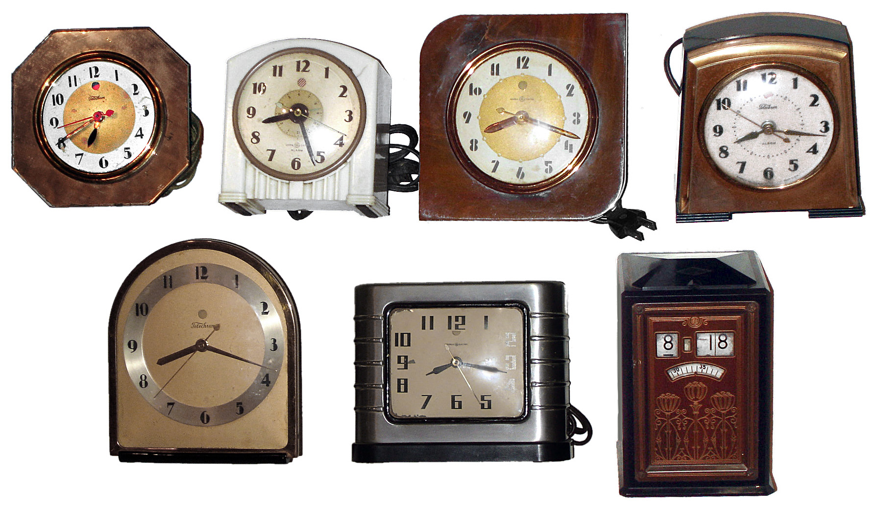 Clocks- 7 (Seven) electric Telechron and GE in metal, glass and Bakelite cases, c1930 — Antique Clocks Price Guide