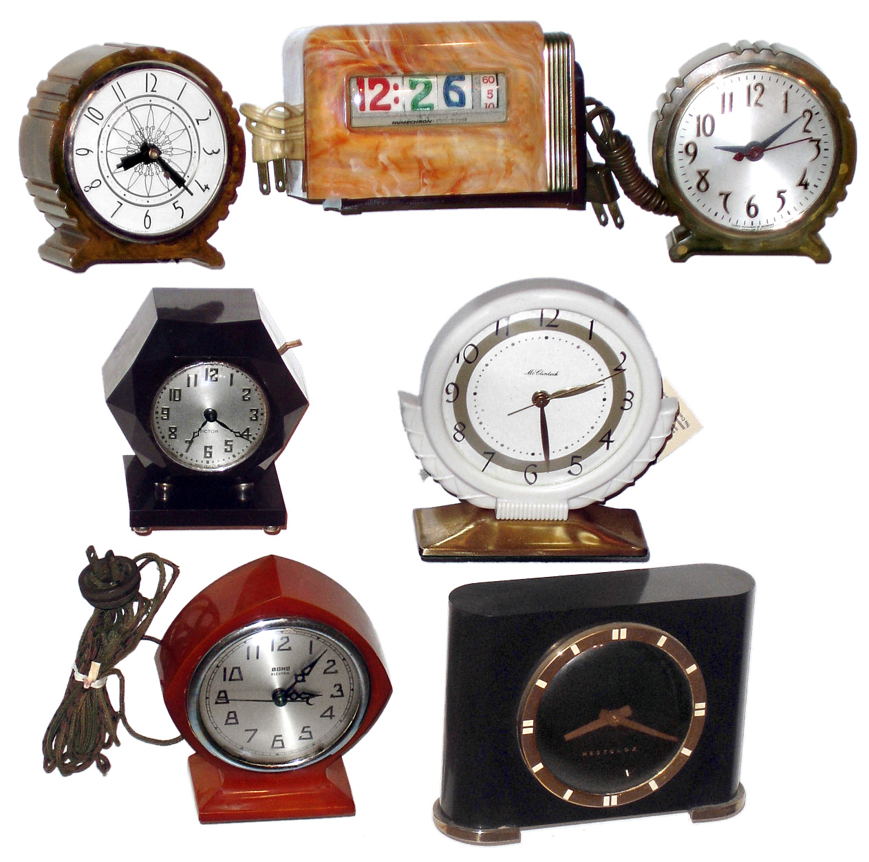 Clocks- 7 (Seven) Deco Bakelite electrics in various colors by important makers, c1930 — Antique Clocks Price Guide