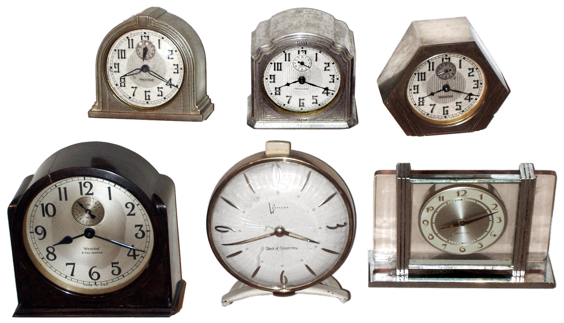 Clocks- 6 (Six) Westclox vintage wind-ups in metal, glass and Bakelite cases, first half 20th century — Antique Clocks Price Guide