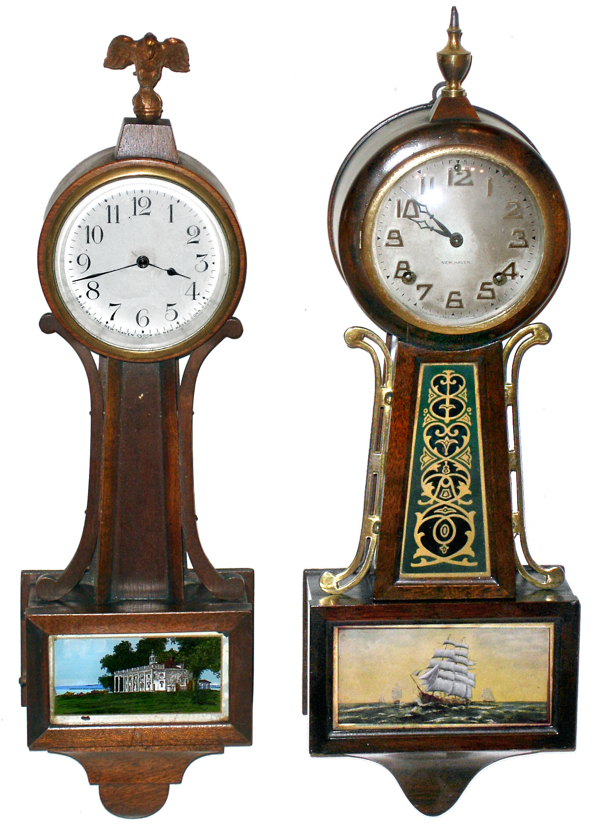 Clocks- 2 (Two) New Haven small mahogany 8 day banjos, striker is the Winetka model, c1929 — Antique Clocks Price Guide