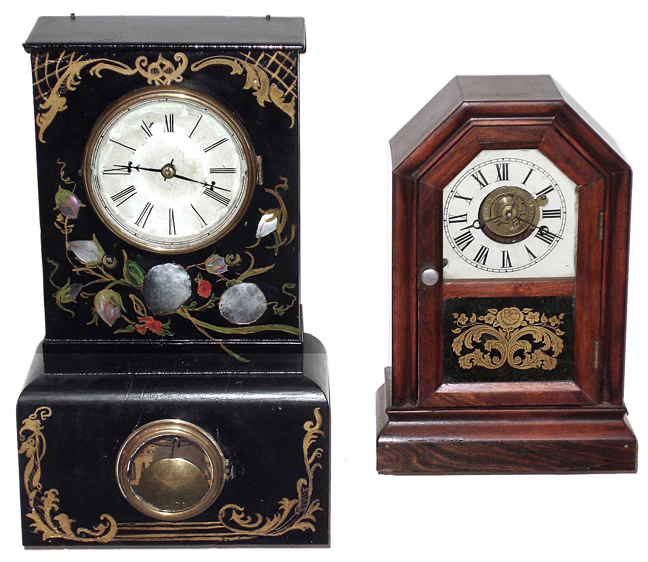 Clocks- 2 (Two) Connecticut shelf models: Atkins rosewood time/alarm 30 hour cottage; unsigned iron-front time and strike 8 day, c1850 — Antique Clocks Price Guide