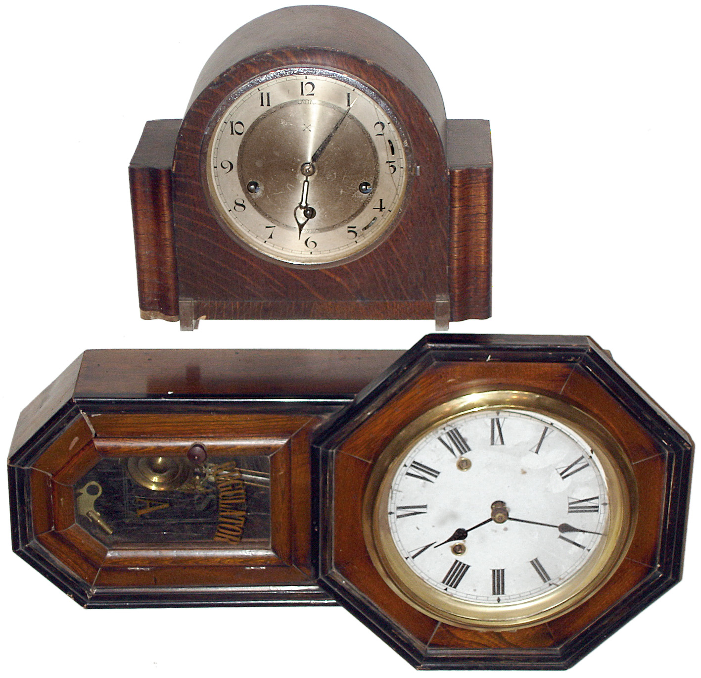 Clocks- 2 (Two) foreign 8 day wood cases: Skato Japanese time and strike school clock; Hamburg American oak double-chime mantel clock; both early 20th century — Antique Clocks Price Guide