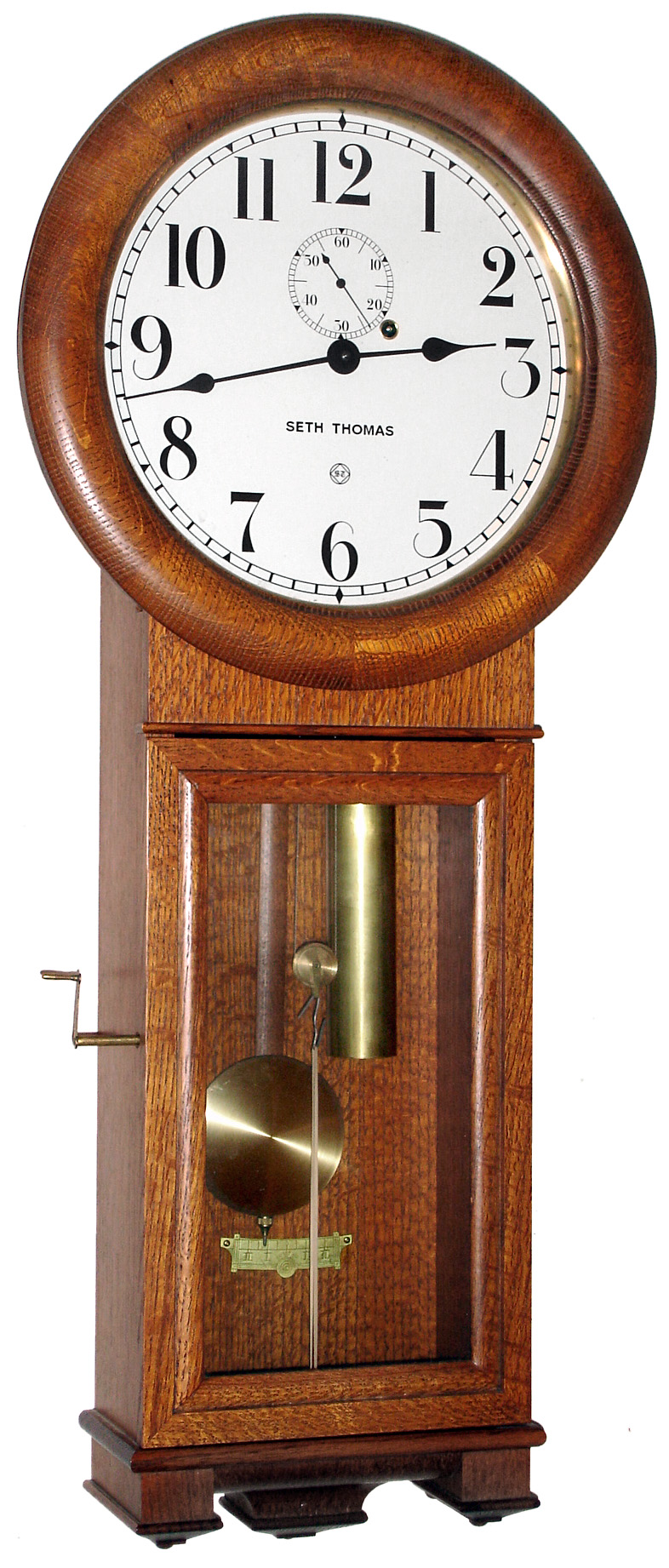Seth Thomas Clock Co., Providence, RI, Regulator No. 2 oak reproduction, 8 day, time only weight driven, c2004 — Antique Clocks Price Guide