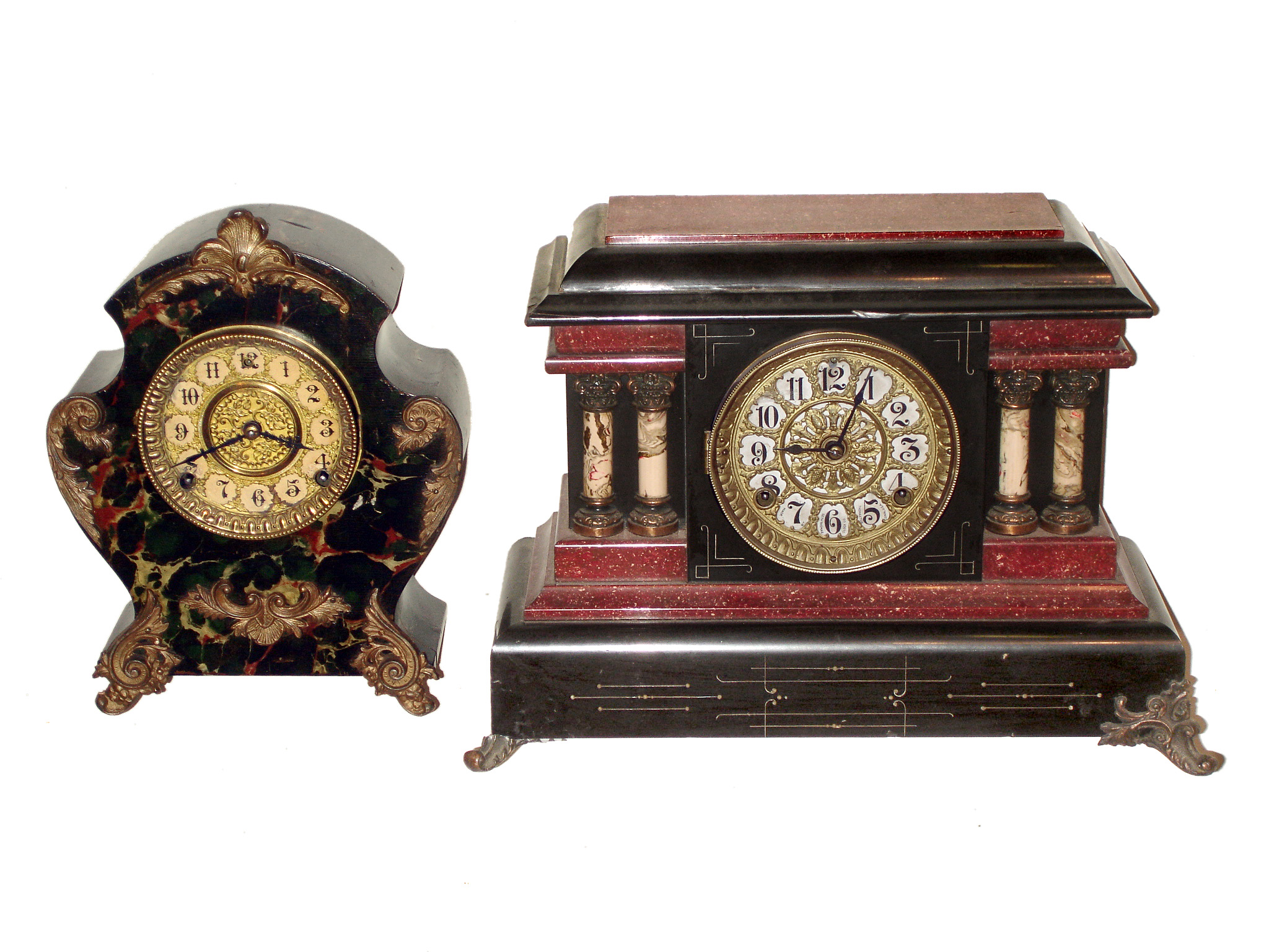 Clocks- 2 (Two) Connecticut 8 day, time and strike marble-look wood mantels: Wm. Gilbert "Athol" ; and Seth Thomas Adamantine; c1904 — Antique Clocks Price Guide