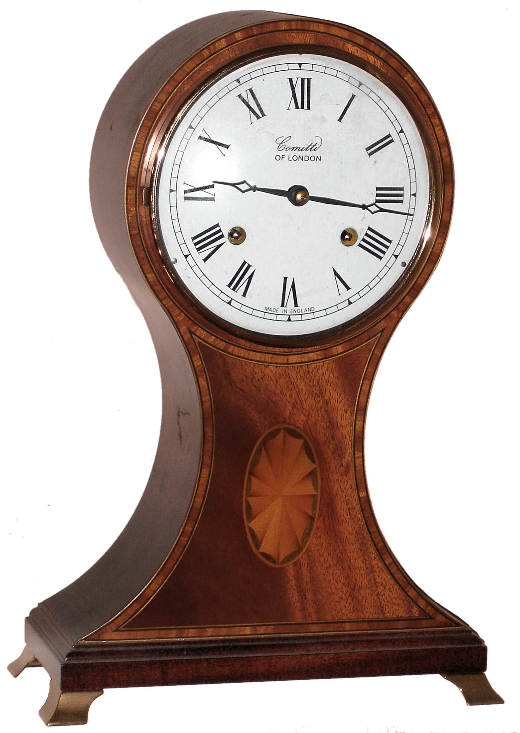 Comitti of London inlaid mahogany 8 day, time and strike reproduction balloon case mantel clock, c1992 — Antique Clocks Price Guide