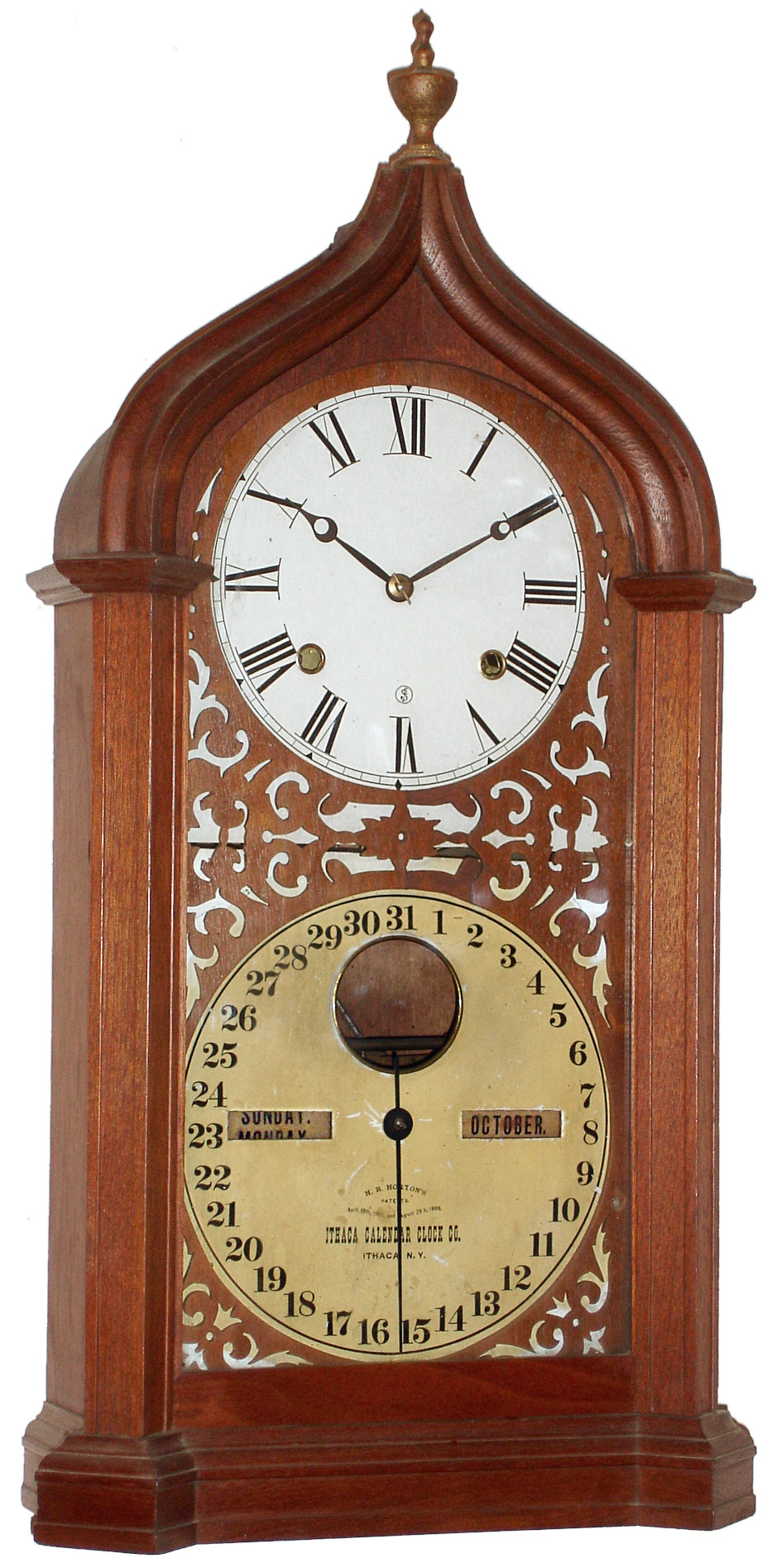 Ithaca Calendar Clock Co., Ithaca, NY, "Shelf Steeple" 8 day walnut time and strike double dial calendar clock, c1875 — Antique Clocks Price Guide