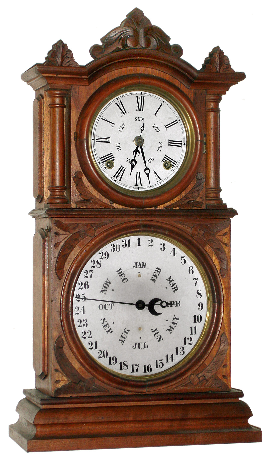 E. Ingraham Bristol, Conn., "Ingraham Calendar" walnut 8 day, time and strike double dial calendar clock, c1881 — Antique Clocks Price Guide