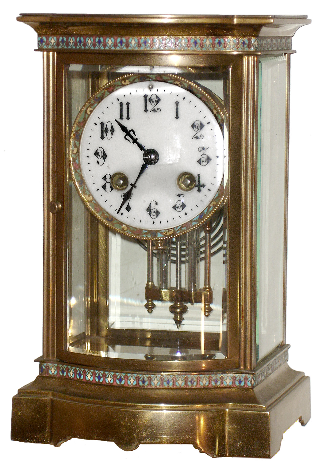 French cloisonne, brass and beveled glass bow-front 8 day, time and strike small crystal regulator, c1890 — Antique Clocks Price Guide