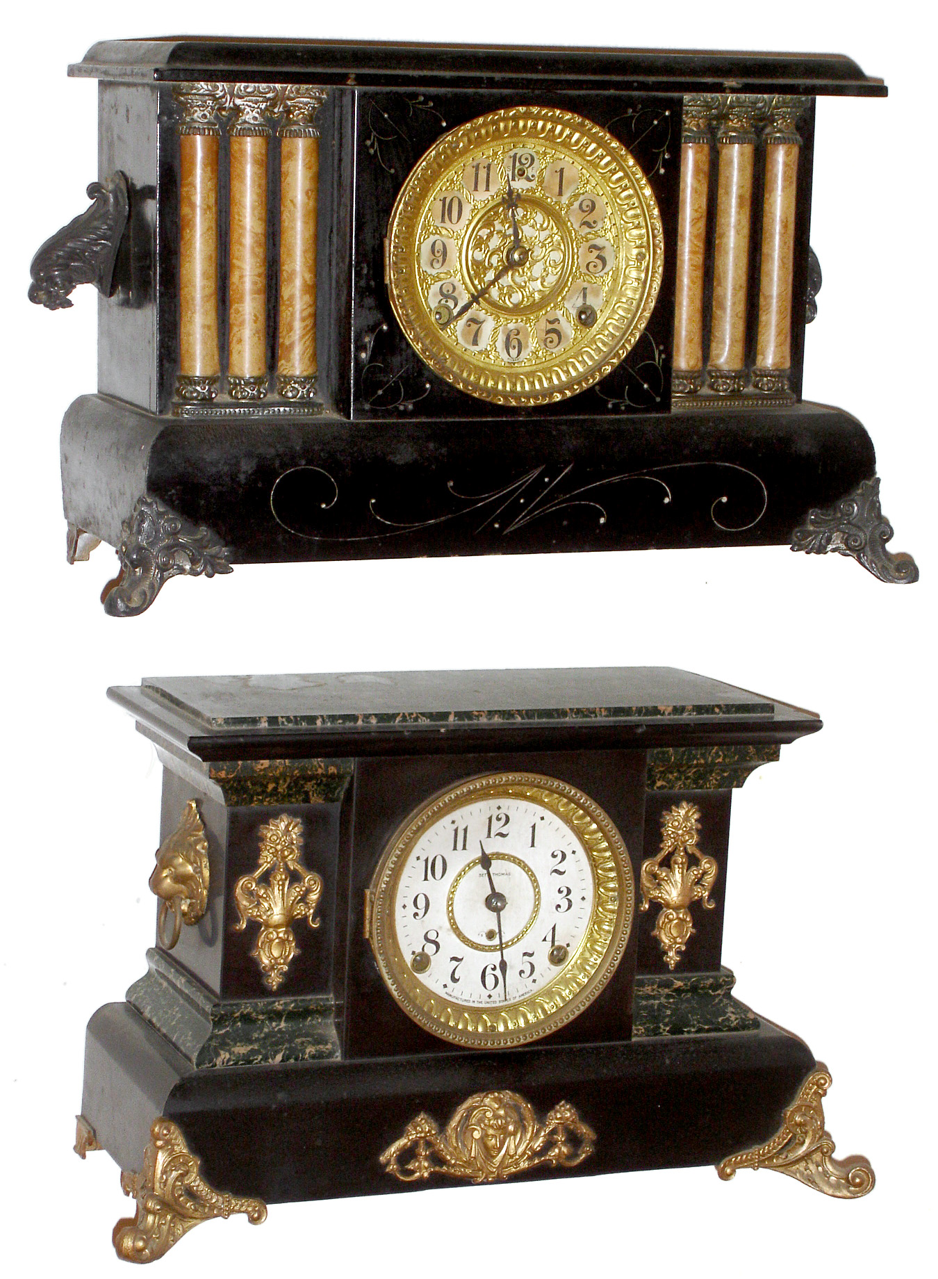 Clocks- 2 (Two) Connecticut 8 day, time and strike black wood mantels: Seth Thomas Adamantine; and Gilbert "Duane", c1900 — Antique Clocks Price Guide