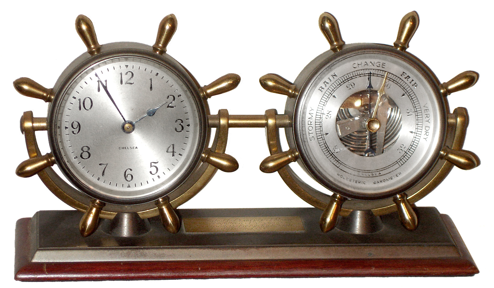 Chelsea Clock Co., Boston, Mass., "Corvette" 8 day mahogany, brass and bronze clock and barometer desk set, 1952 — Antique Clocks Price Guide