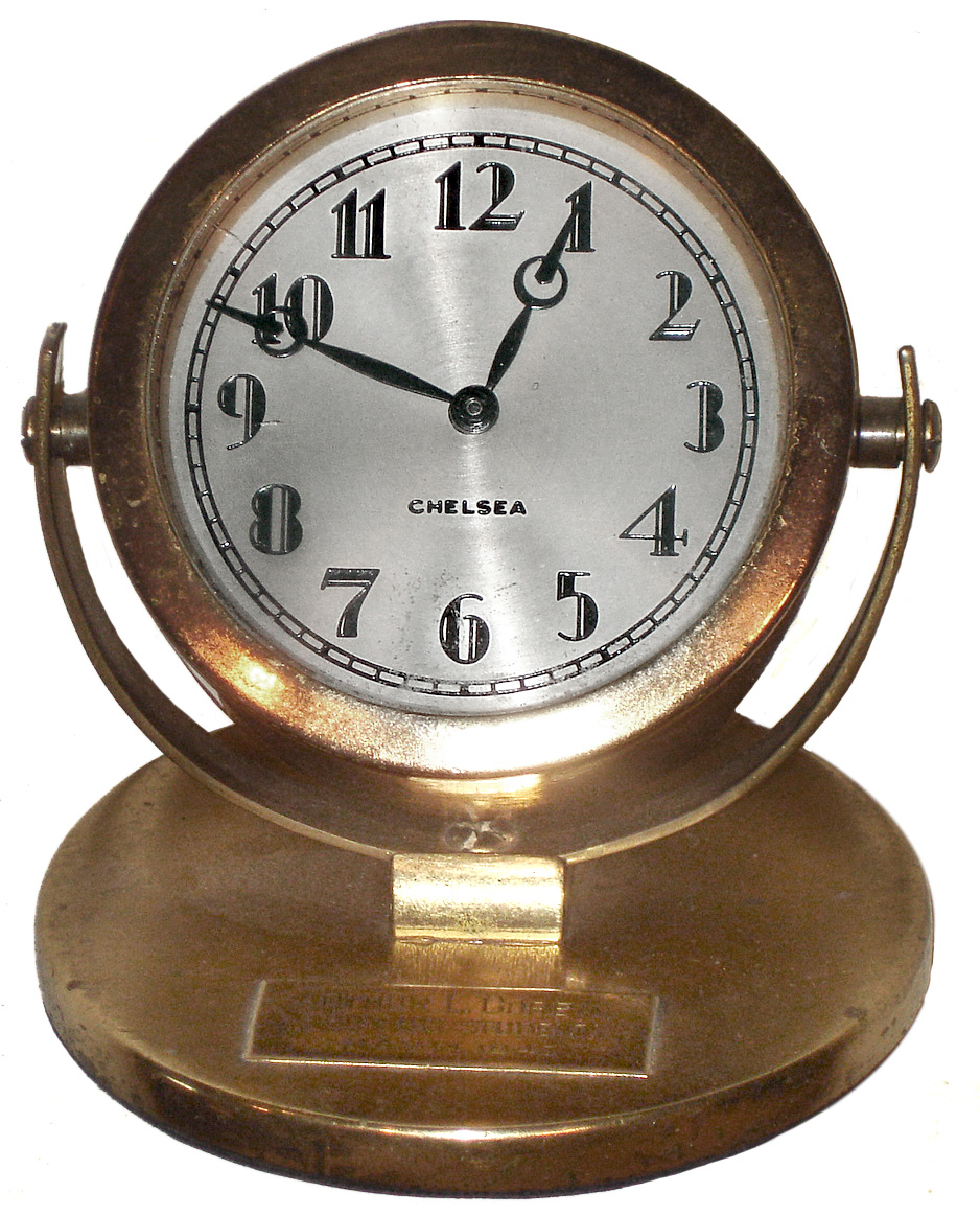 Chelsea Clock Co., Boston, Mass.,  "Corona" brass 8 day presentation desk clock, 1943 — Antique Clocks Price Guide