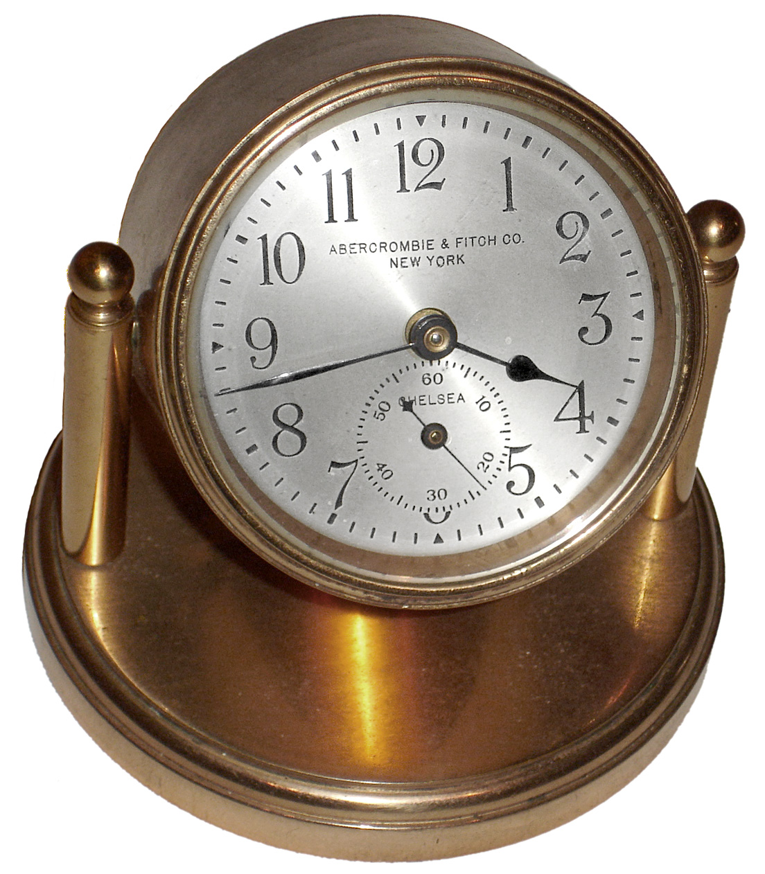 Chelsea Clock Co., Boston, Mass., 8 day brass desk clock made for Abercrombie and Fitch, NY, 1927 — Antique Clocks Price Guide
