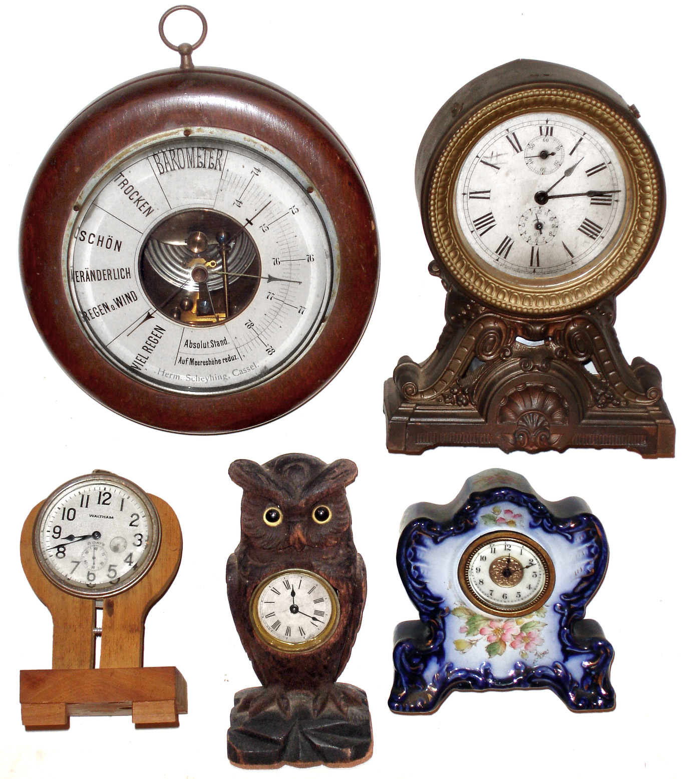 Clocks- 4 (Four) Small American: Seth Thomas, Waltham, Ansonia; and a German, Herm. Scheyhing, wood case barometer, early 20th century — Antique Clocks Price Guide