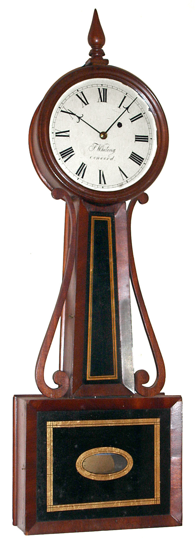 Attleboro, Mass., type mahogany 8 day weight driven banjo clock, Whiting of Concord dial, c1850 — Antique Clocks Price Guide
