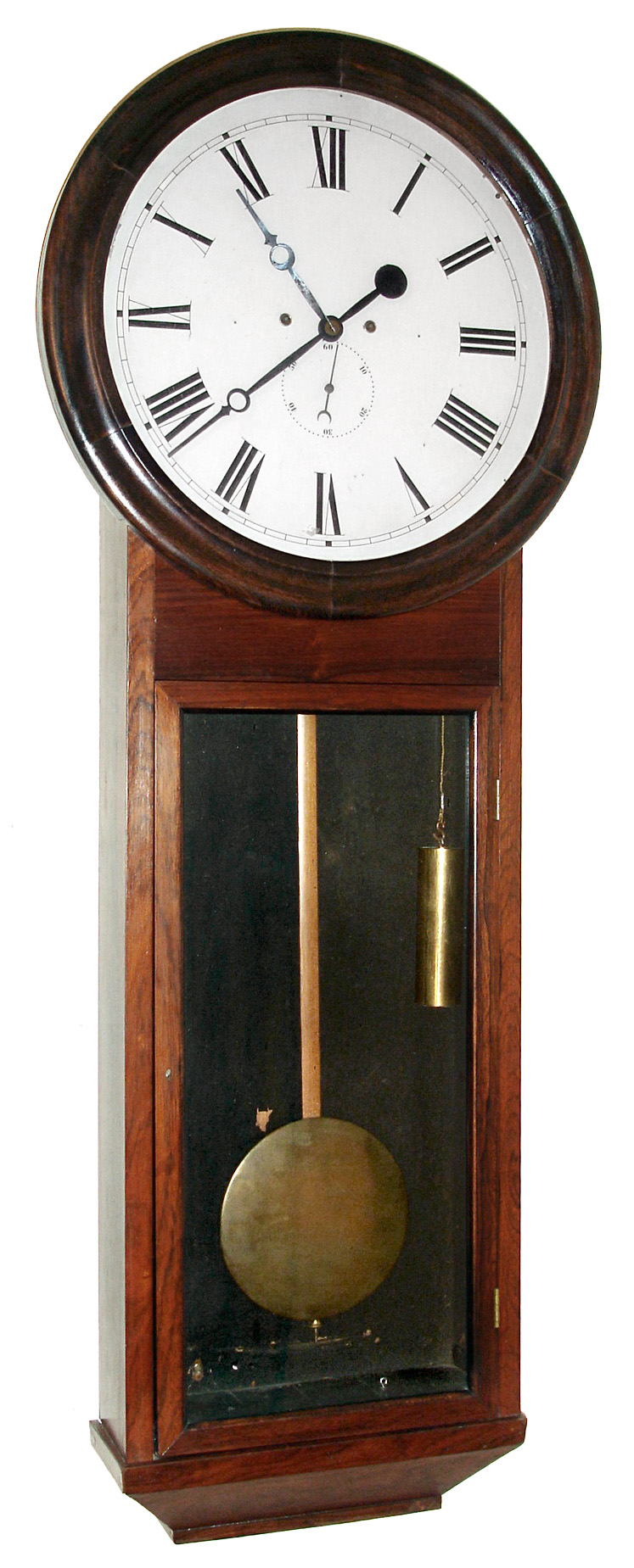 Atkins Clock Co., Bristol, Conn., "30 Day Extra", 30 day, time only, two weight driven movement in rosewood case with painted metal dial, c1875 — Antique Clocks Price Guide