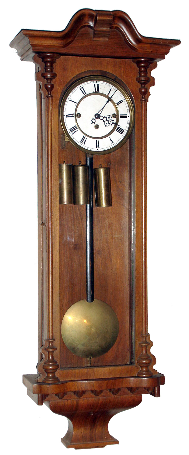 Vienna Regulator, walnut 3 weight quarter chiming 8 day wall clock with trademarked movement, c1880 — Antique Clocks Price Guide