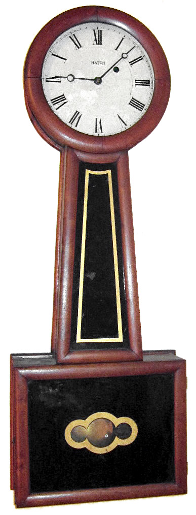 Attleboro, Mass., type "Banjo" wall clock attributed to George D. Hatch, 8 day, time only, weight driven movement in soft wood case with painted metal dial and reverse painted throat and lower tablets, c1860 — Antique Clocks Price Guide