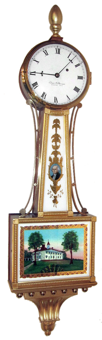 Elmer O. Stennes, Weymouth, Mass., "Gold Front Presentation Banjo" wall clock, 8 day, time only, weight driven movement in a mahogany case with gold leaf rope banded front, reverse painted throat and lower tablets by artist Melinda Ahola and painted metal dial, dated 1969, #50 and stamped "M.C.I.P." — Antique Clocks Price Guide