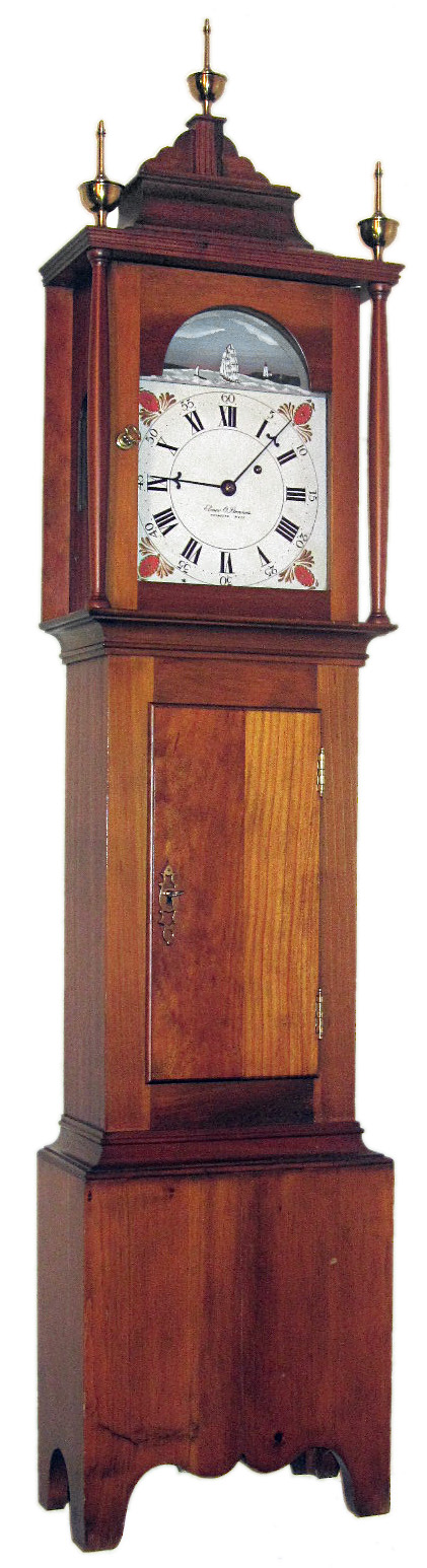 Elmer O. Stennes, Weymouth, Mass., "Rocking Ship Dwarf Tall Clock", 8 day, time only, weight driven movement in a mahogany sided case with mixed wood front and painted metal dial with rocking ship and lighthouse scene, c1970 — Antique Clocks Price Guide