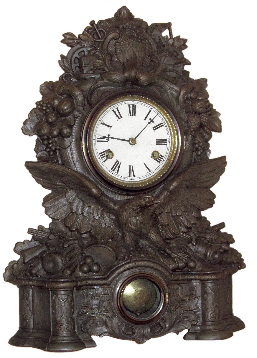 George B. Owen, New York, N.Y., "Eagle" model mantel clock, 8 day, time and strike, spring driven movement in a N. Muller cast iron front case marked with patent date 1856 and papered dial, c1860. The ornately cast case is designed with an American industrial, agricultural, commercial and military motif. — Antique Clocks Price Guide