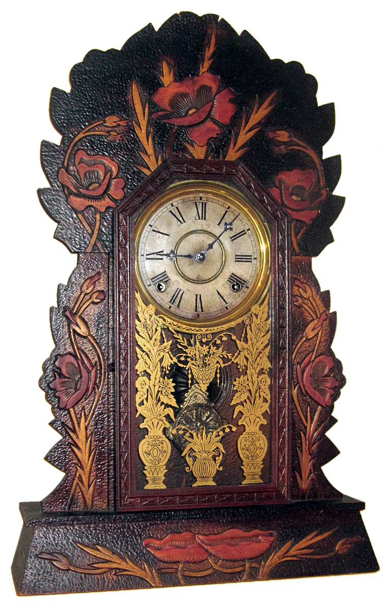 Wm. L. Gilbert, Winsted, Conn., "Progress 57" gingerbread mantel clock, 8 day, time and strike, spring driven movement in multicolor pressed wood Lily pattern case with papered dial, c1910 — Antique Clocks Price Guide