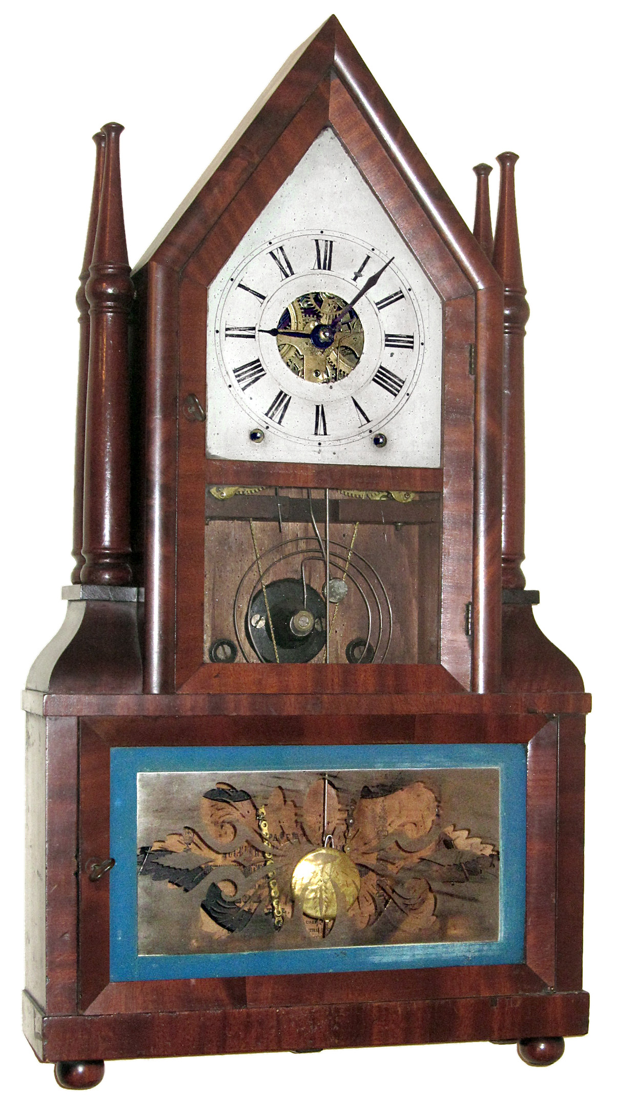 Birge and Fuller, Bristol, Conn., "Four Posted candlestick Steeple" mantel clock, 8 day, time and strike, wagon spring movement in mahogany veneer case with reverse painted lower table and painted metal dial, c1845 — Antique Clocks Price Guide