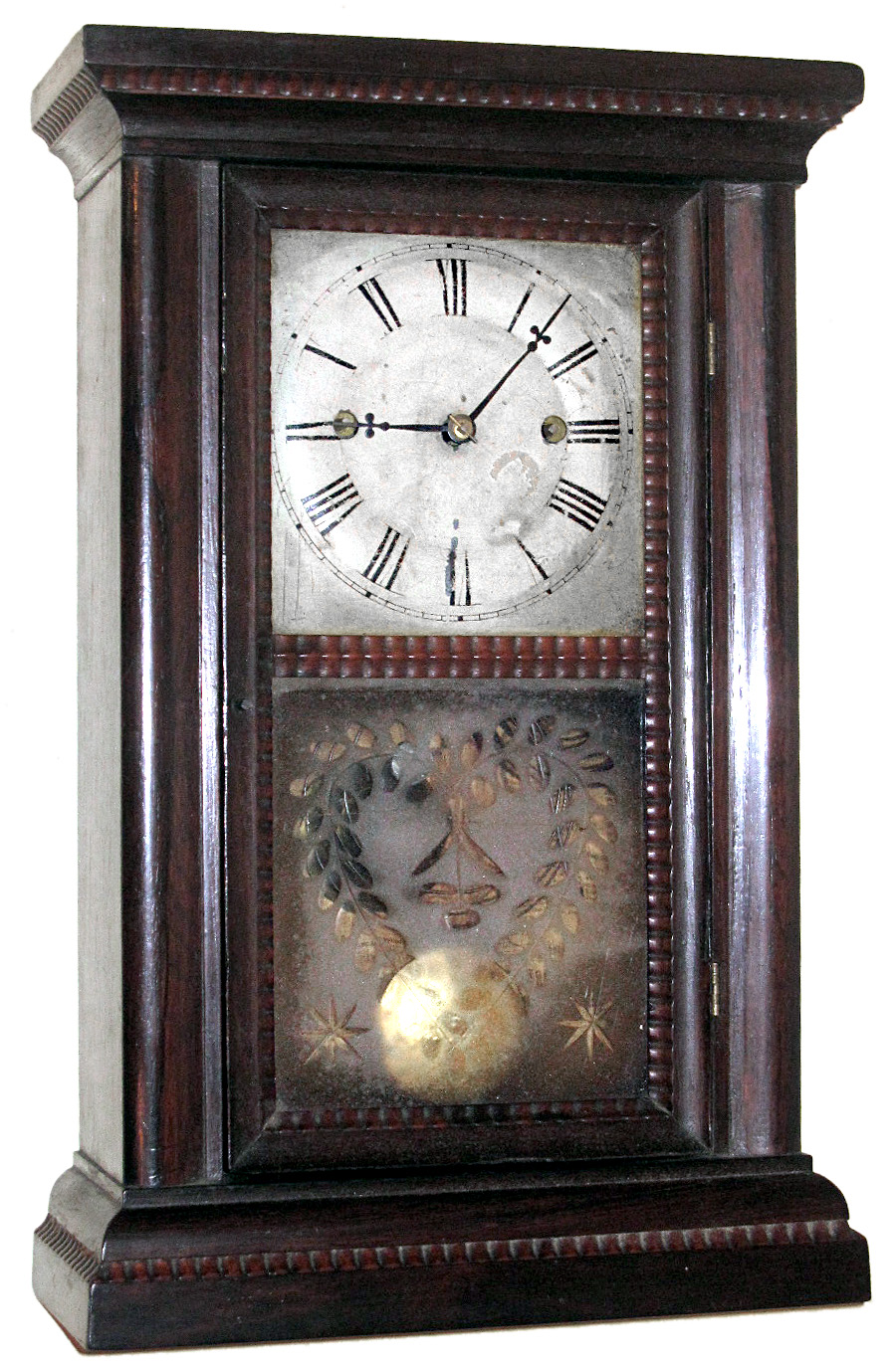 Forestville Manufacturing Company, J.C. Brown, Bristol, Conn., mantel clock, 8 day, time and strike, double fusee movement in rosewood case with ripple molded cornice, base and door, etched and cut glass lower tablet and painted metal dial, c1845 — Antique Clocks Price Guide