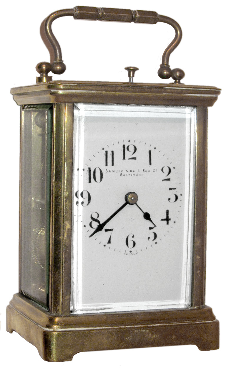 French carriage clock for Samuel Kirk and Son Co., Baltimore, 8 day, time, strike and hour repeat, spring driven movement in brass and beveled glass corniche style case, c1910 — Antique Clocks Price Guide