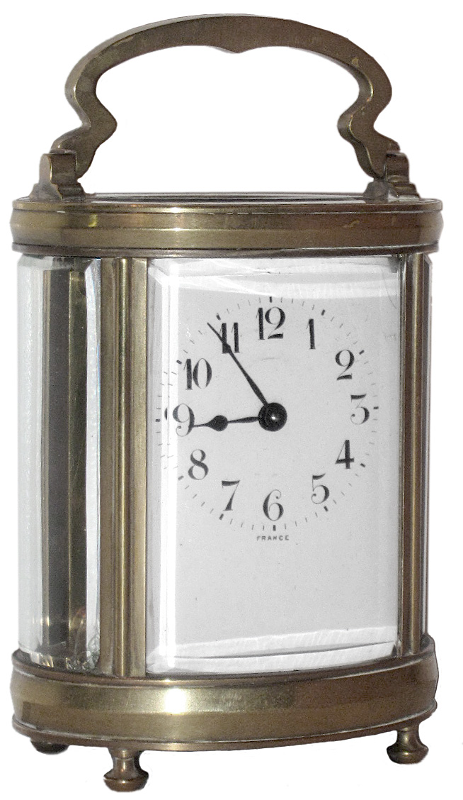 French carriage clock 8 day, time only, spring driven movement with cylinder platform escapement in oval brass and glass case, c1900 — Antique Clocks Price Guide