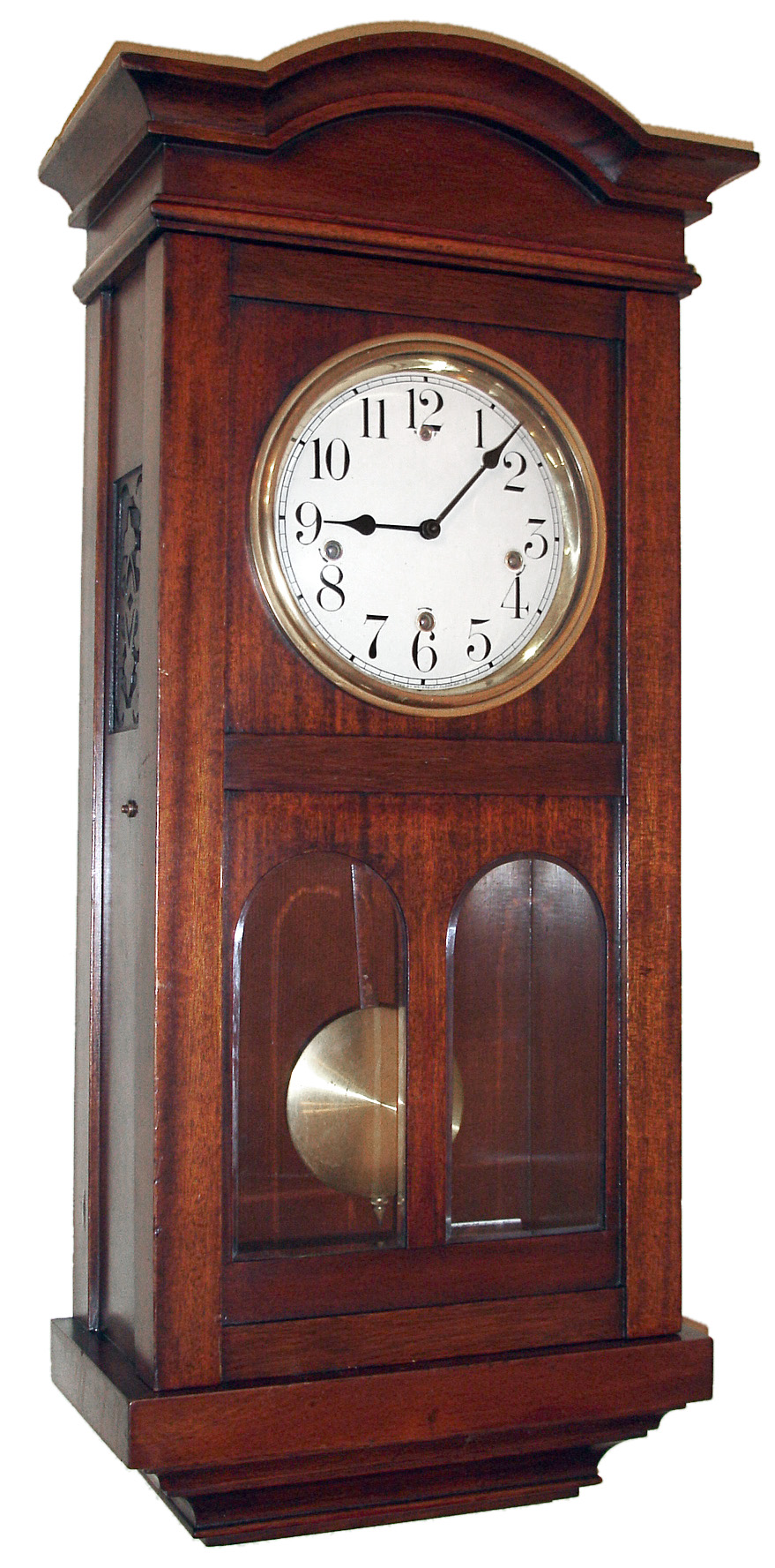 Waterbury Clock Co., Waterbury, Conn., "Chime Clock No. 701" wall clock, 8 day, time and Westminster chime striking on five wire gongs, spring driven movement in a mahogany case with two beveled glasses and white enamel dial, c1917 — Antique Clocks Price Guide