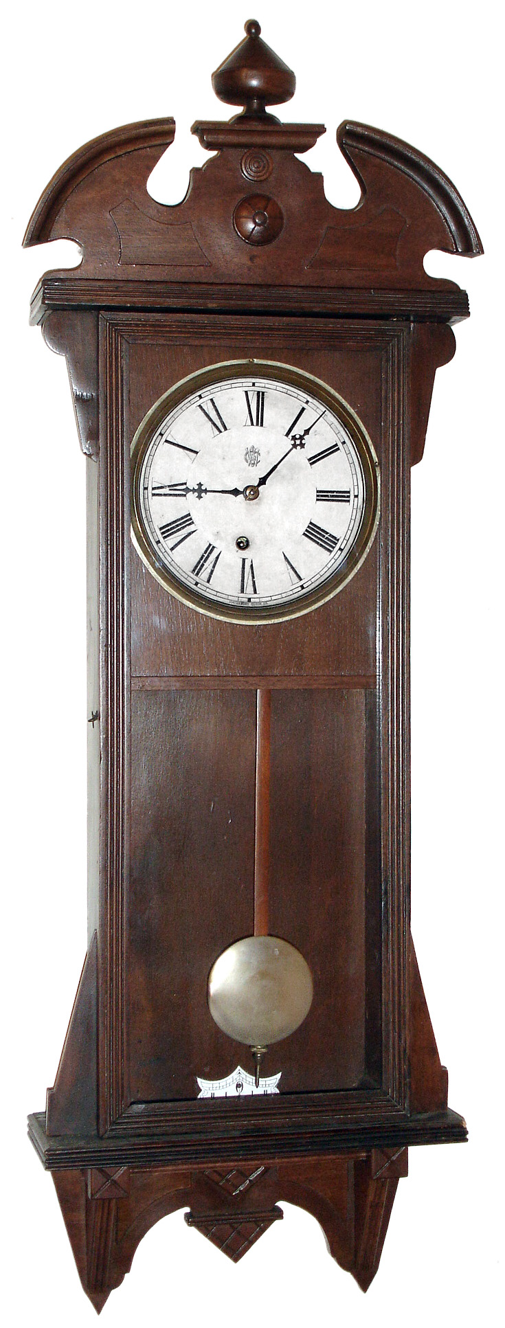 Waterbury Clock Co., Waterbury, Conn., "Carleton" wall clock, 8 day, time only, spring driven movement in a walnut case with painted metal dial, c1885 — Antique Clocks Price Guide