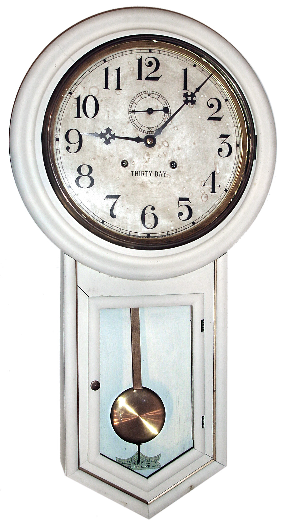Waterbury Clock Co., Waterbury, Conn., "General" wall clock, 30 day, time only, double spring driven movement in a painted white case with gilt molding and a papered metal dial, c1915 — Antique Clocks Price Guide