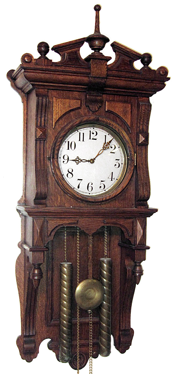 Waterbury Clock Co., Waterbury, Conn., "Alabama" wall clock, 8 day, time and strike, two weight driven movement in an oak case with white enamel dial and brass hands and twisted weights, c1905 — Antique Clocks Price Guide