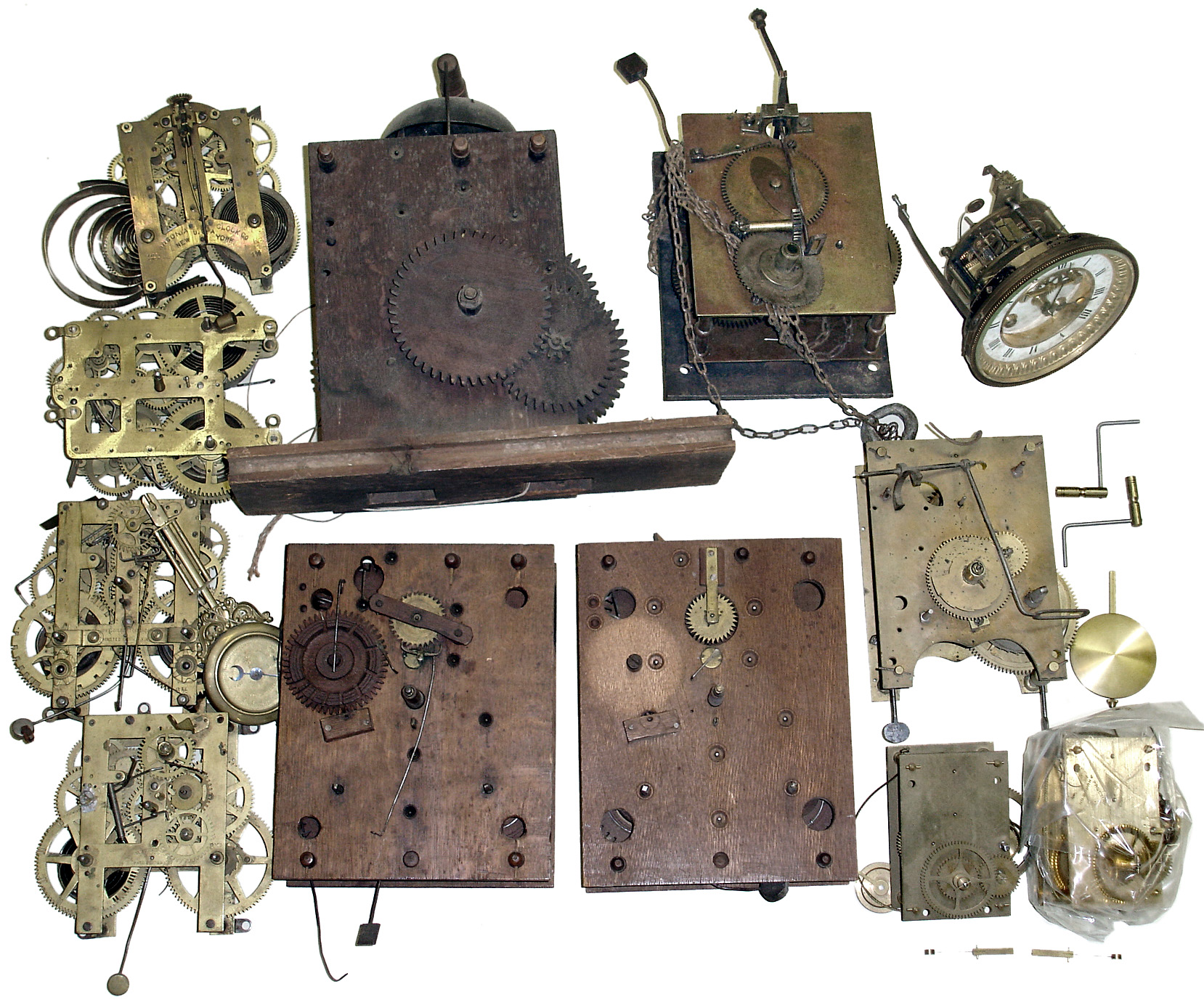 Movements- 12 (Twelve) wooden and brass for restoration projects and parts. — Antique Clocks Price Guide
