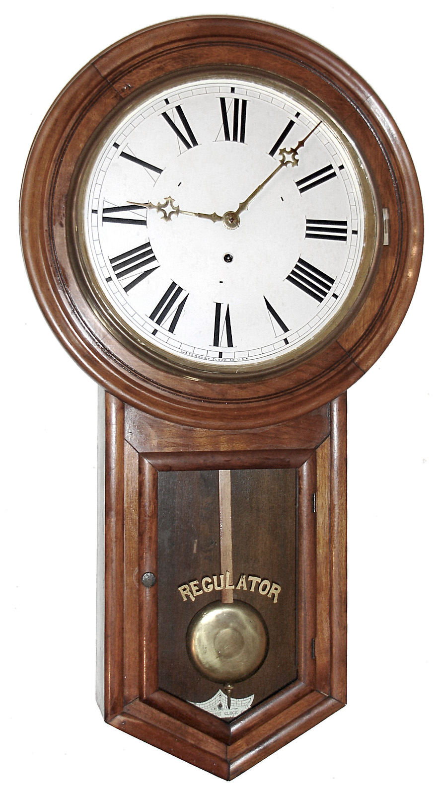 Waterbury Clock Co., Waterbury, Conn., "Admiral" wall clock, 8 day, time only, spring driven movement in a walnut case with painted metal dial, c1900 — Antique Clocks Price Guide