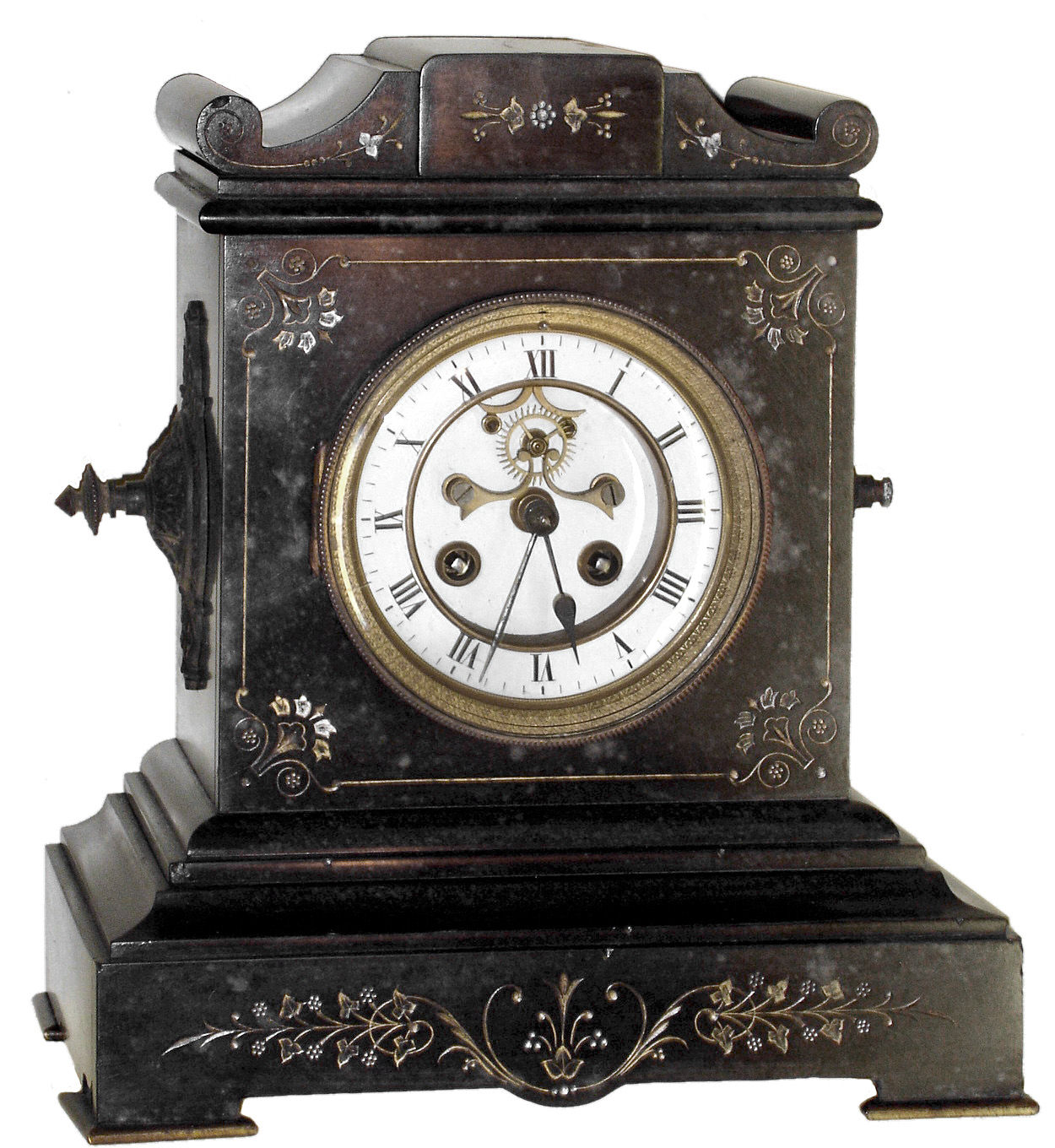 French, black slate 8 day, time and strike mantel clock, visible escapement, c1900 — Antique Clocks Price Guide