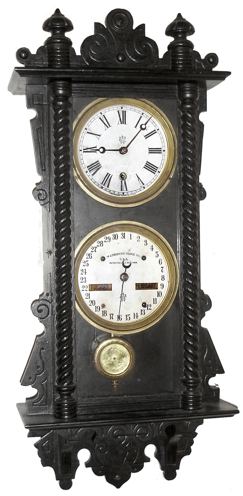 Waterbury Clock Co., Waterbury, Conn., "Calendar No. 36" wall clock, 8 day, time and perpetual calendar, spring driven movement in an oak case with painted metal dials, c1891 — Antique Clocks Price Guide