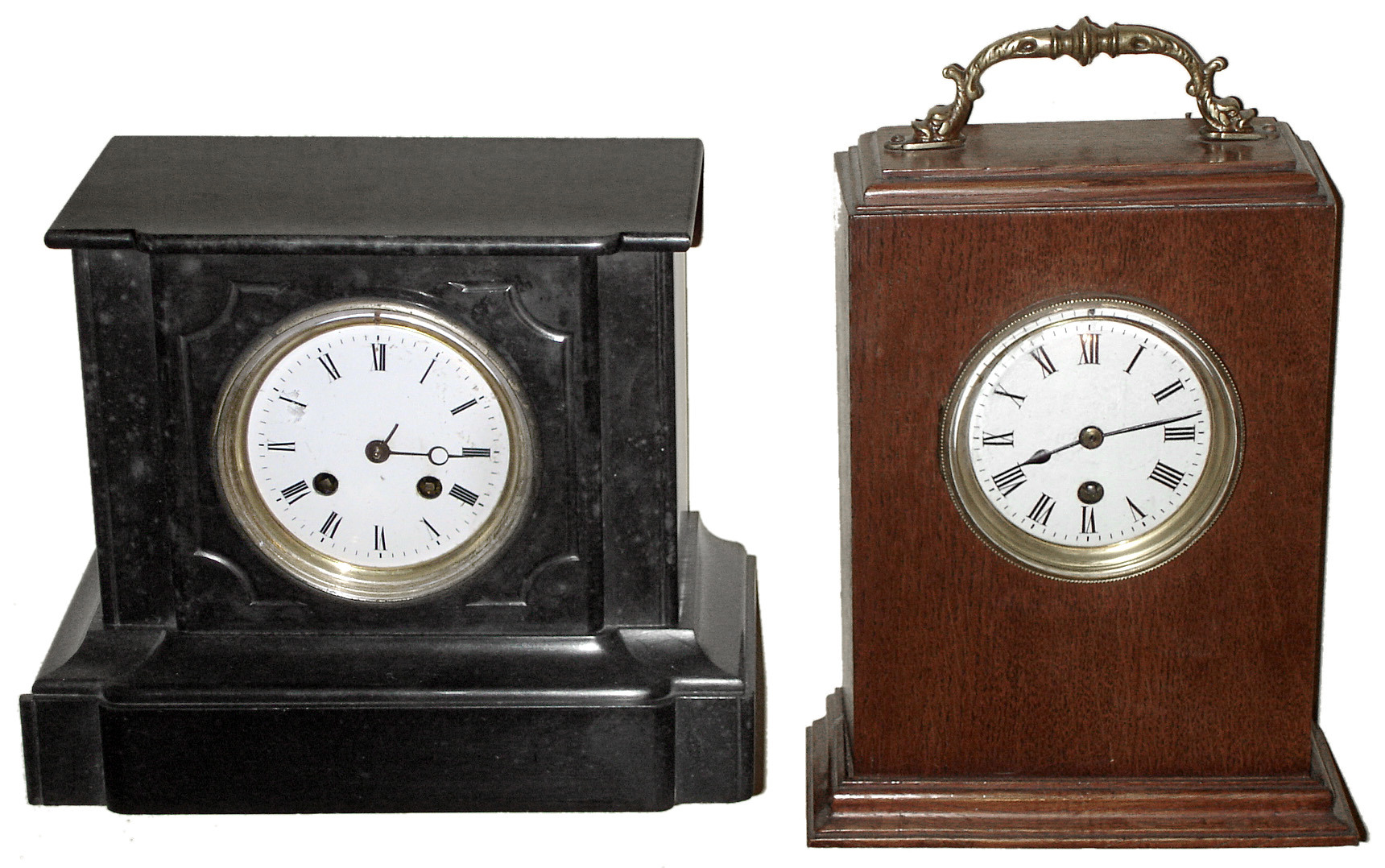Clocks- 2 (Two) French 8 day mantel clocks: black slate time and strike; mahogany time-only, c1910 — Antique Clocks Price Guide