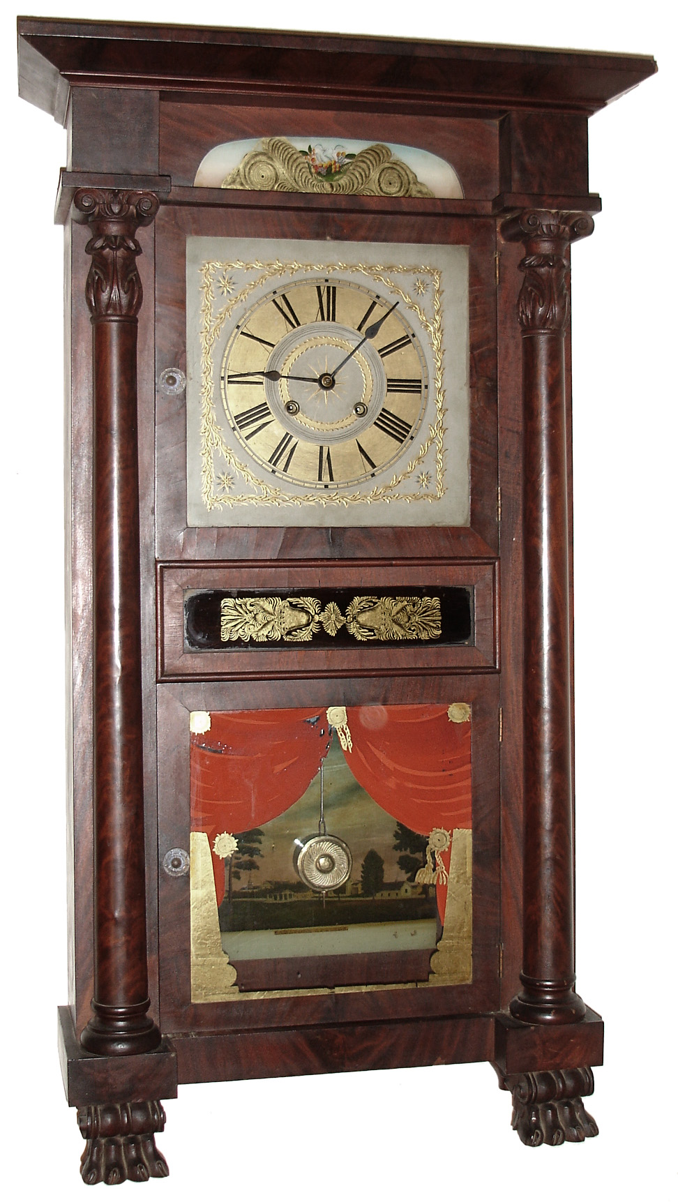 Marshall and Adams, Seneca Falls, N.Y., "Large Empire" shelf clock, 8 day, time and gong strike, weight driven movement in mahogany veneer case resting on bold carved claw feet with painted wooden dial and four reverse painted tablets (one in backboard), c1835 — Antique Clocks Price Guide