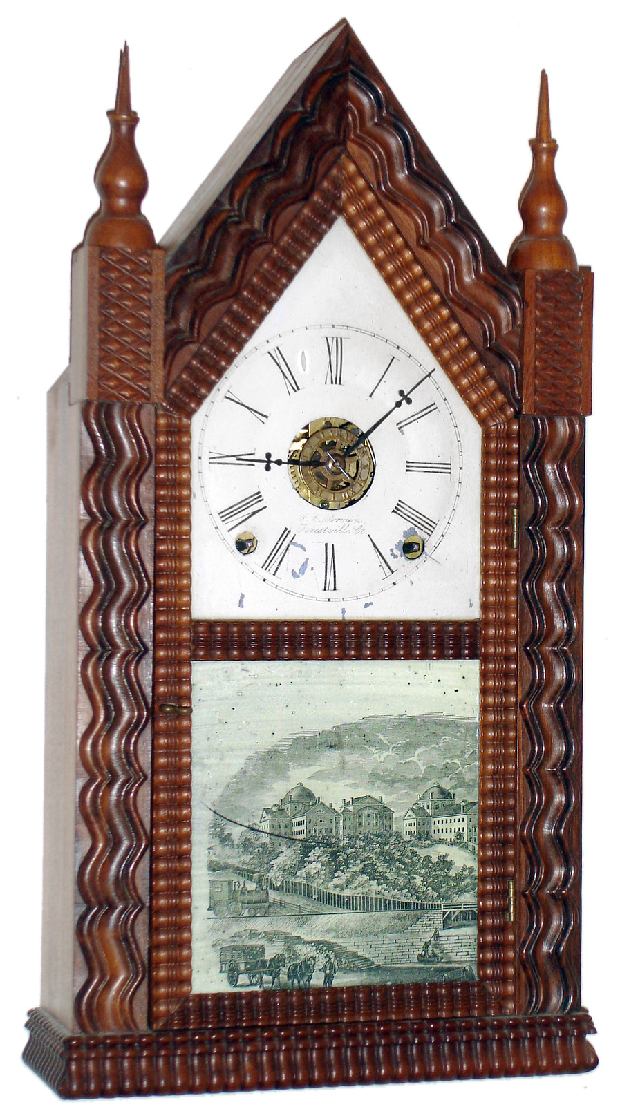 Forestville Manufacturing Co., J.C. Brown, Bristol, Conn., "Ripple Steeple" mantel clock, 8 day, time, strike and alarm, spring driven movement in a rosewood veneer case with ripple molding, silk screened lower tablet and painted metal dial, c1850 — Antique Clocks Price Guide