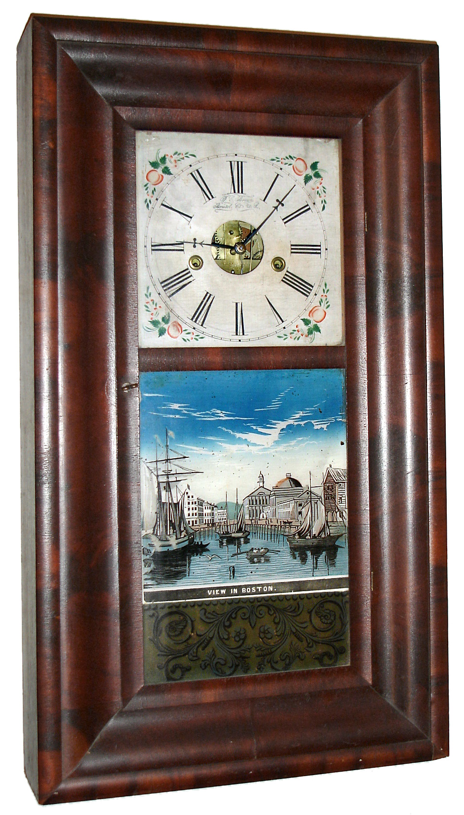 Forestville Manufact'g Company, (J.C. Brown) Bristol, Conn., "Ogee" mantel clock, 8 day, time and gong strike, weight driven movement in mahogany veneer case with silk screened lower tablet depicting unusual scene of Boston Harbor and painted wooden dial signed "J.C. Brown Bristol, CT. U.S.", c1850 — Antique Clocks Price Guide