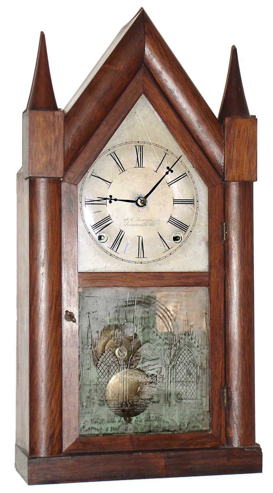 J.C. Brown, Forestville, Conn., "Steeple" mantel clock, 8 day, time and strike, spring driven movement in a mahogany veneer case with silk screen lower tablet and painted metal dial, manufactured for the Canadian market bearing an overpasted label by "J.W. MILLER TORONTO", c1845 — Antique Clocks Price Guide